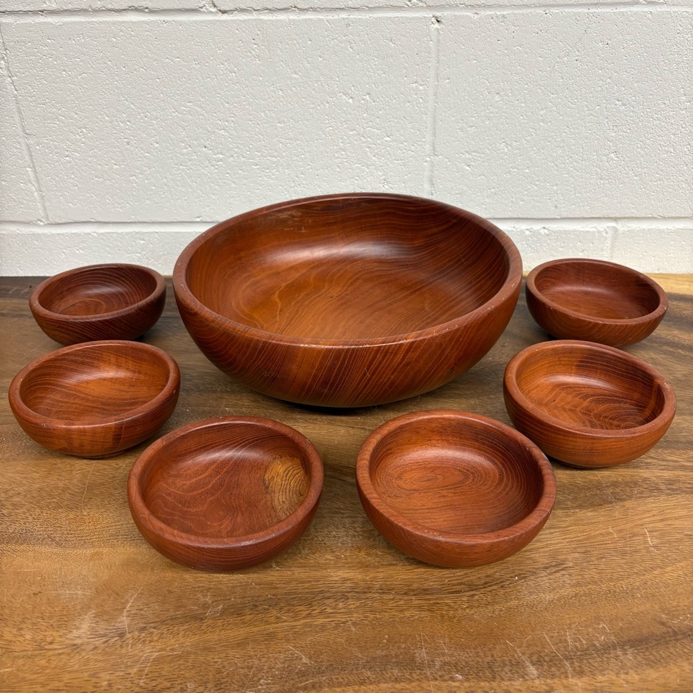 Turned Wood Salad Serving Set, Mid Century Serving Bowls